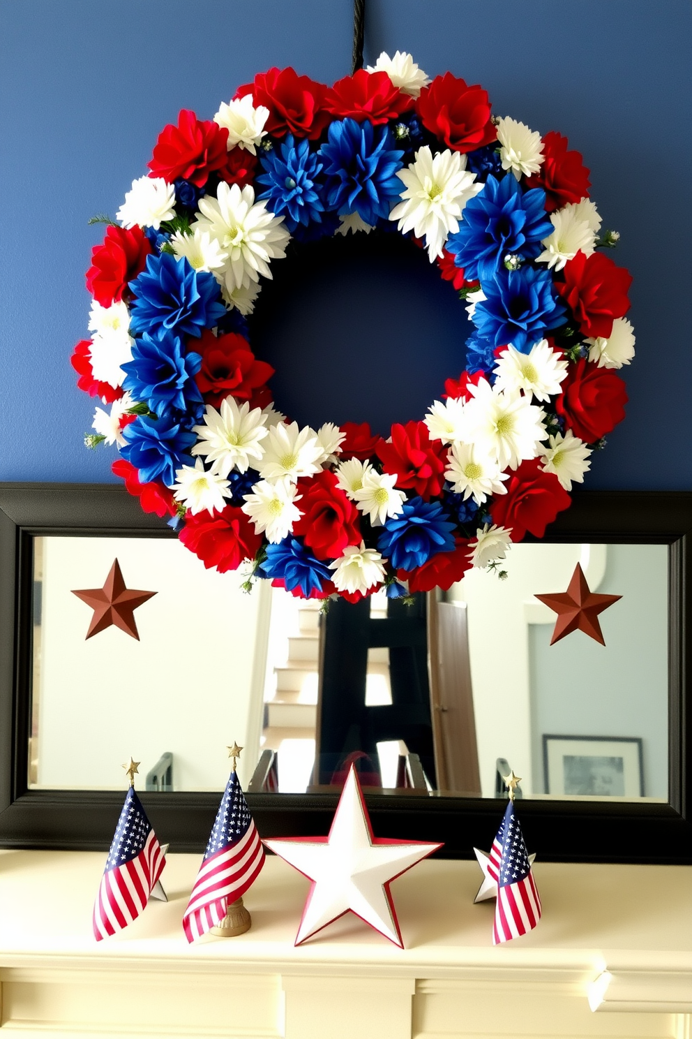 A patriotic wreath made of red white and blue flowers hangs prominently above the mantel creating a festive focal point. The mantel is adorned with small American flags and decorative stars adding to the Independence Day theme.