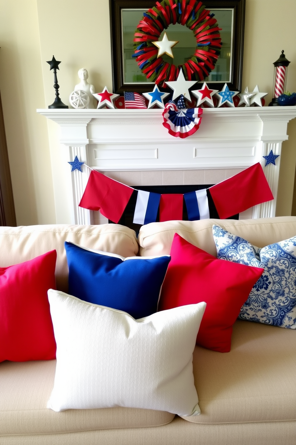 Brightly colored throw pillows are arranged on a cozy sofa, adding a festive touch to the living room. The mantel above the fireplace is adorned with red, white, and blue decorations, featuring stars and stripes for a patriotic flair.