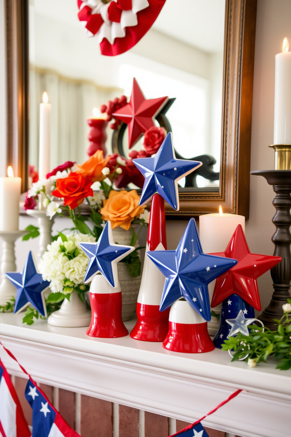 A festive mantel decorated for Independence Day features ceramic stars and stripes figurines in vibrant red, white, and blue. The figurines are arranged alongside fresh flowers and candles, creating a cheerful and patriotic atmosphere.