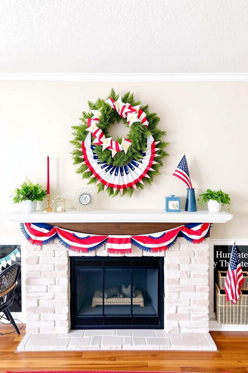 A festive mantel decorated for Independence Day features vibrant bunting strung along the edges. The bunting includes red white and blue colors creating a cheerful atmosphere perfect for celebrating the holiday.