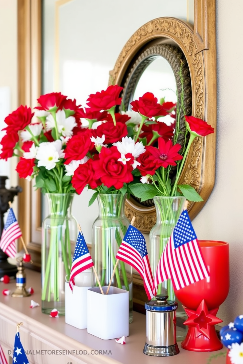 A festive mantel decorated for Independence Day featuring glass vases filled with vibrant red and white flowers. The arrangement is complemented by small American flags and patriotic-themed accents scattered throughout the display.