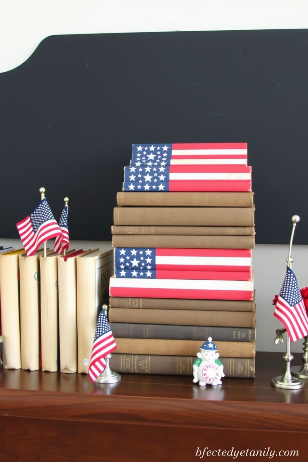 Create a charming mantel display featuring a collection of old books stacked neatly with their flag covers prominently displayed. Incorporate patriotic elements such as small American flags and red white and blue accents to celebrate Independence Day.