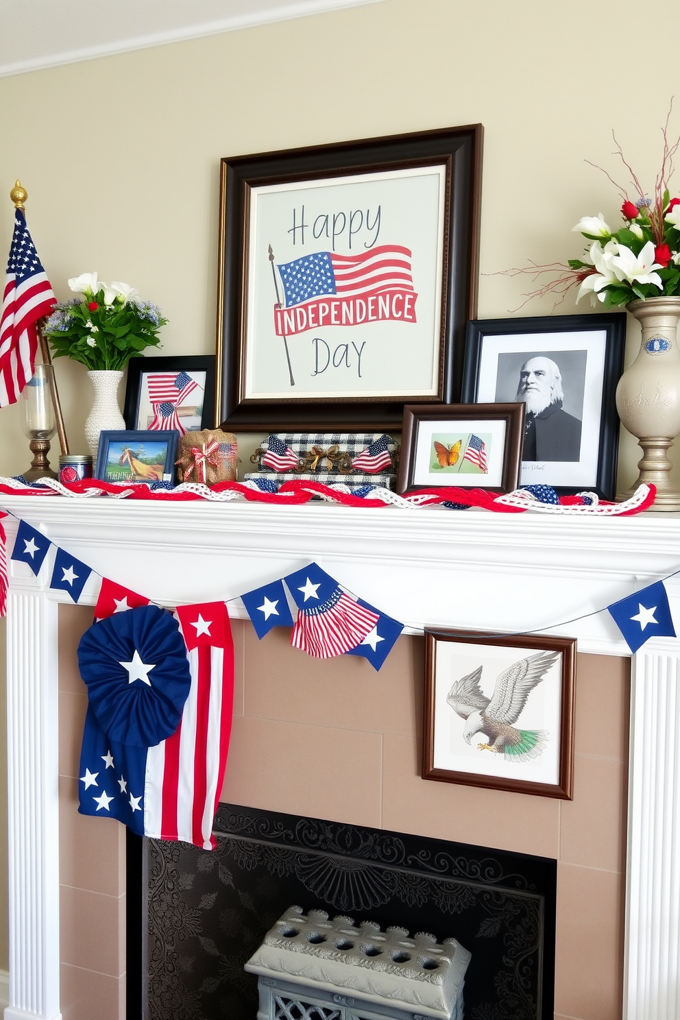 A festive mantel adorned with seasonal artwork celebrating Independence Day. The display includes vibrant red white and blue decorations along with framed images of iconic American symbols like the flag and the bald eagle.