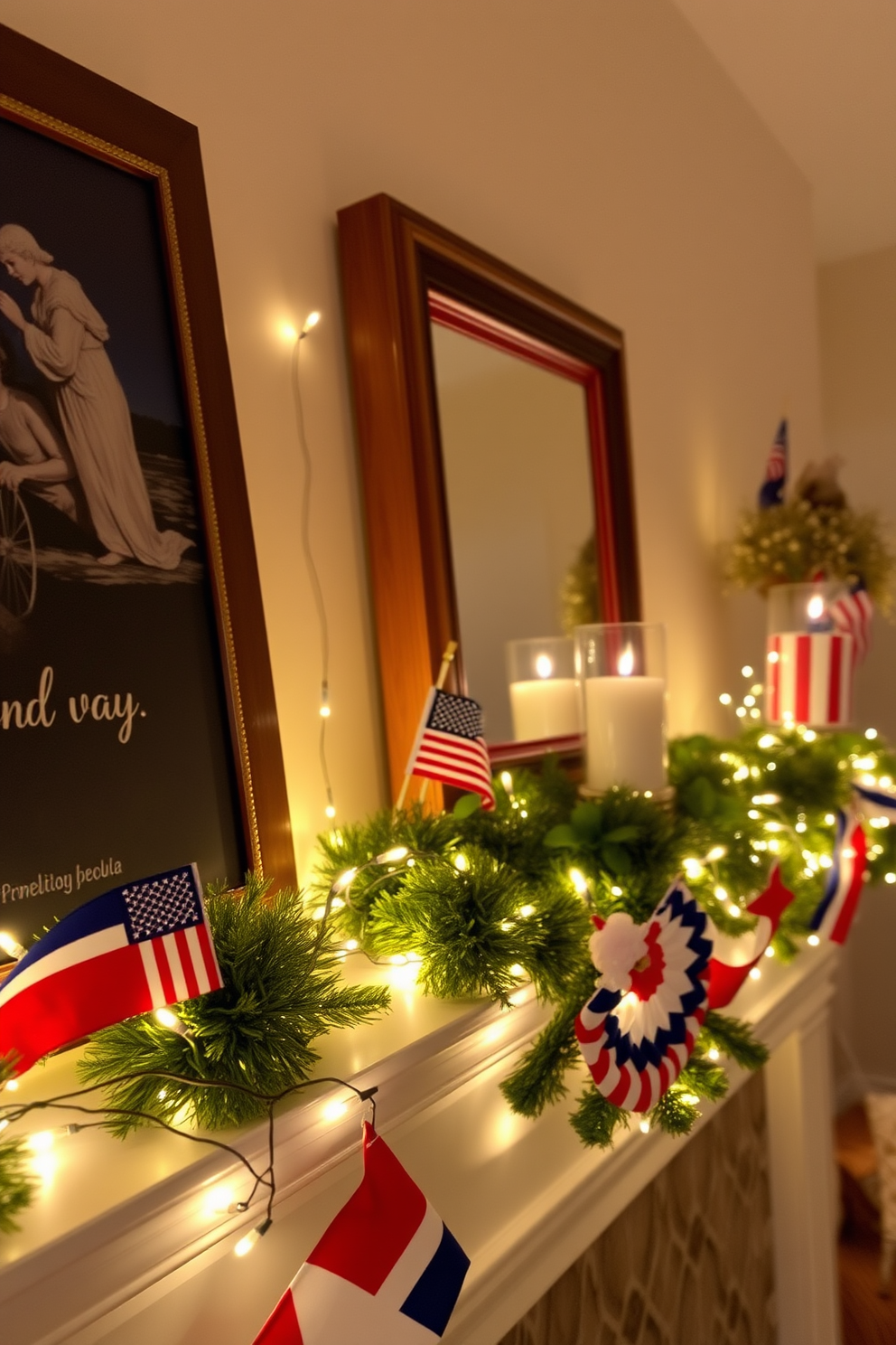 A charming mantel decorated for Independence Day features twinkling fairy lights that create a warm and inviting glow. Red white and blue accents such as small flags and patriotic-themed garlands are artfully arranged alongside the lights for a festive touch.