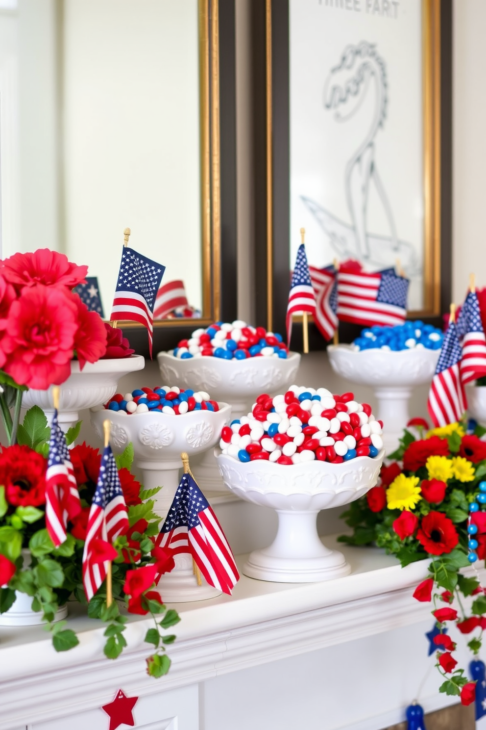 A festive mantel decorated for Independence Day features an array of decorative bowls filled with red white and blue candies. The bowls are artfully arranged alongside miniature American flags and seasonal floral arrangements to create a vibrant and celebratory atmosphere.