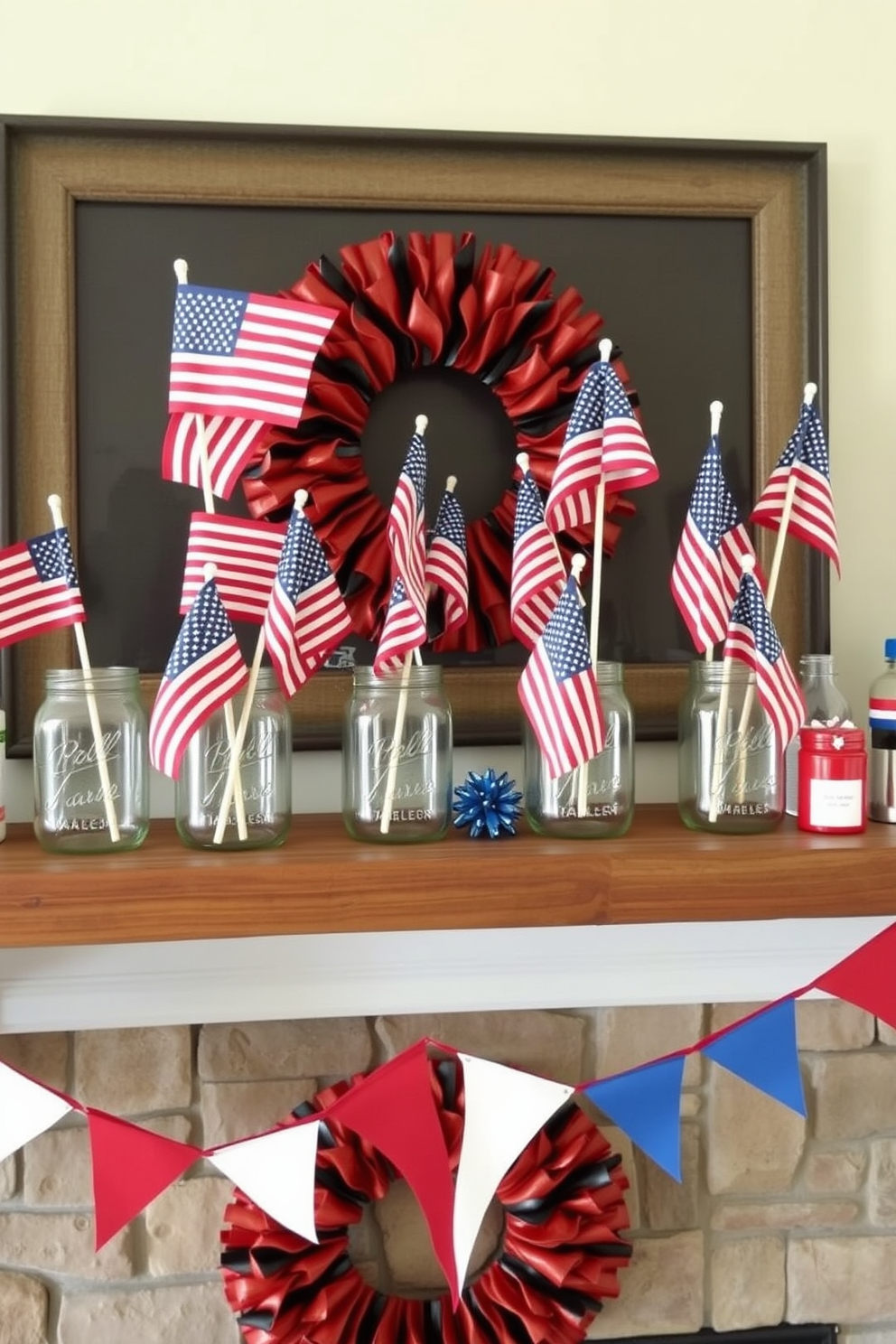 A festive mantel decorated for Independence Day features several mason jars filled with miniature American flags. The jars are arranged on a rustic wooden shelf, complemented by red, white, and blue accents throughout the display.