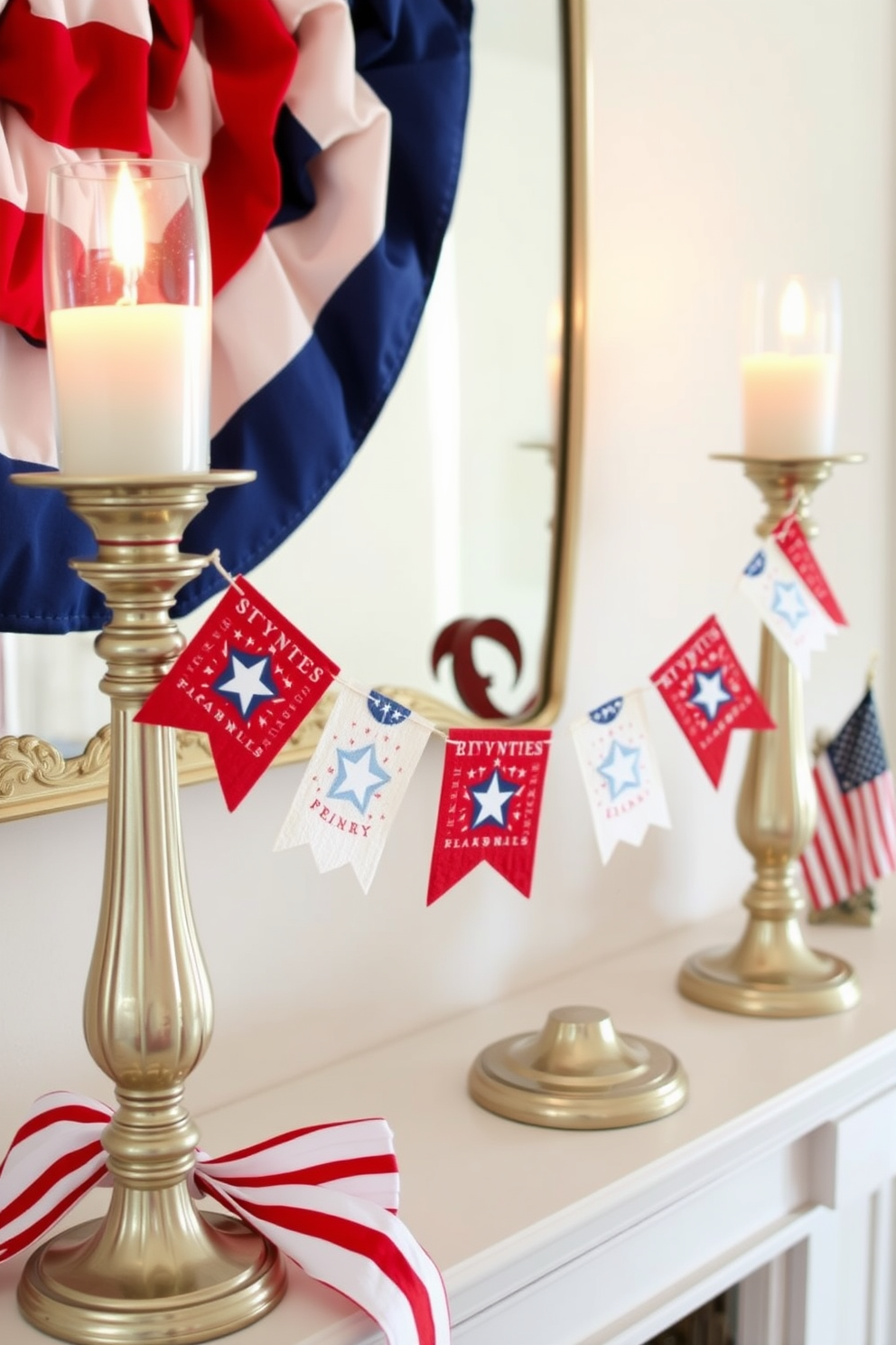 Mini banners strung between elegant candlesticks create a festive atmosphere for Independence Day celebrations. The banners feature red white and blue colors with stars and stripes adding a patriotic touch to the mantel decor.