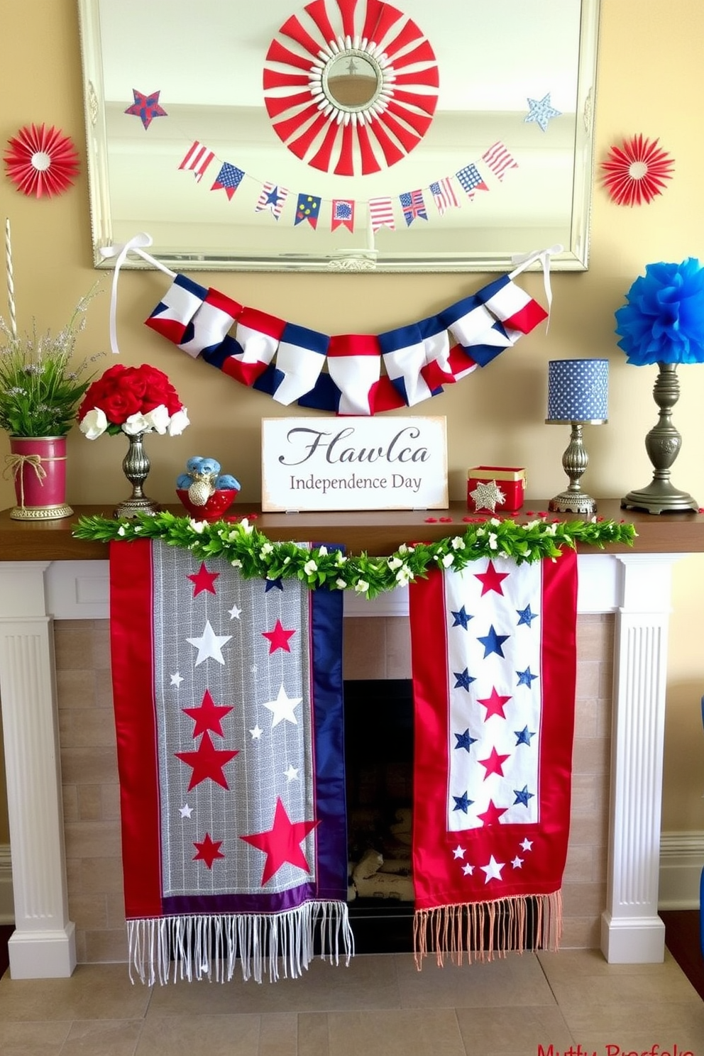 A vibrant mantel setting celebrating Independence Day. Colorful table runners with star patterns drape elegantly across the mantel, complementing red, white, and blue decorations.