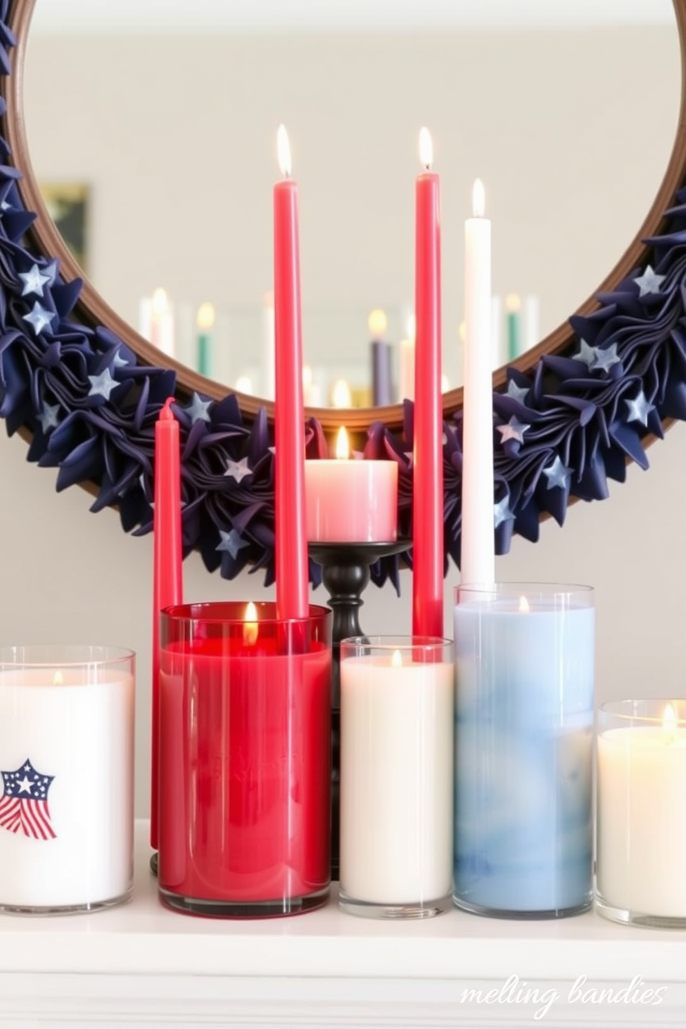 Create a festive mantel display for Independence Day featuring an array of scented candles that evoke summer fragrances. Arrange the candles of varying heights and colors, incorporating red, white, and blue elements to enhance the patriotic theme.