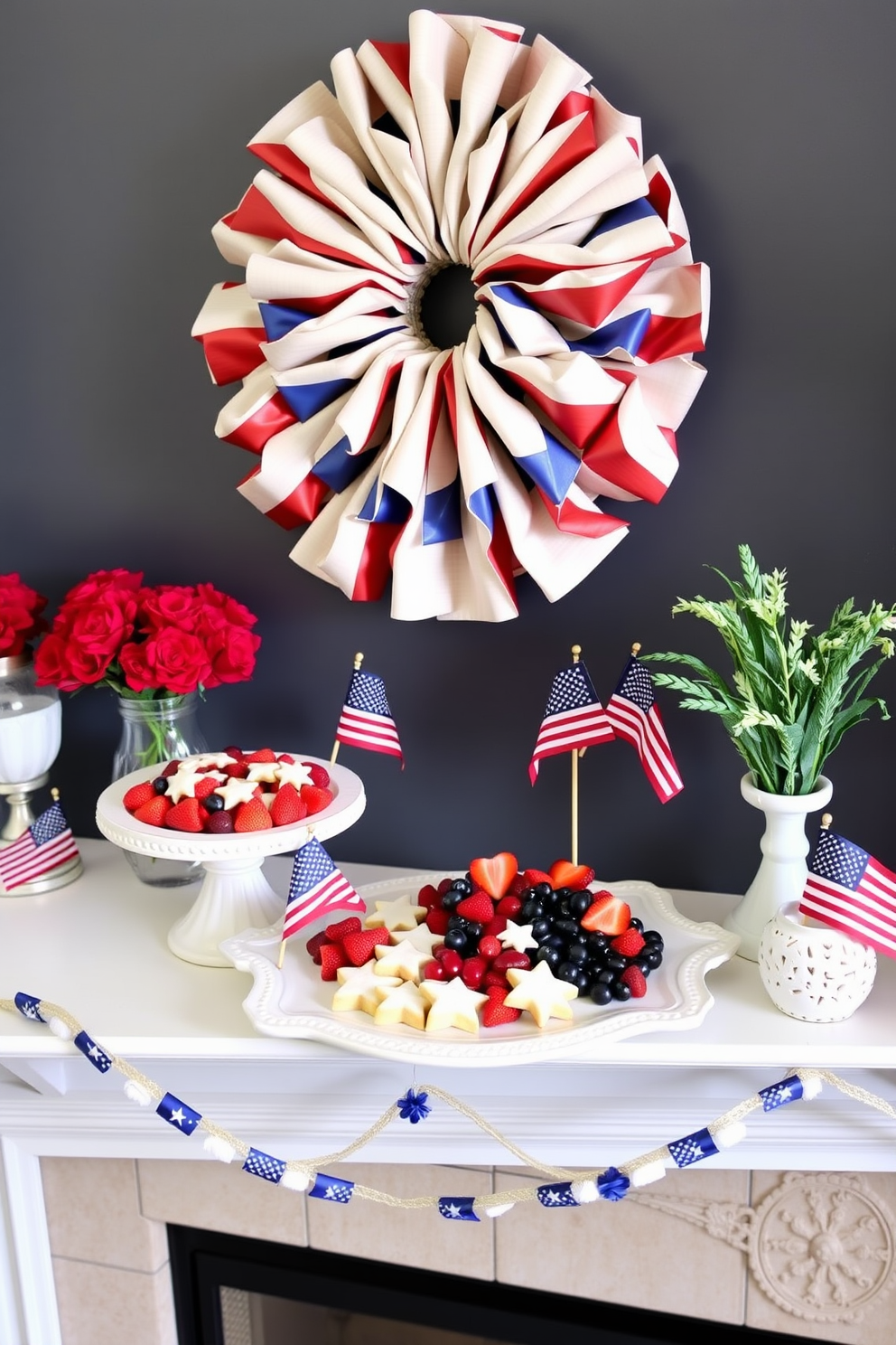 A festive mantel adorned with decorative trays showcasing themed snacks for Independence Day. The trays are filled with red white and blue treats including strawberries blueberries and star shaped cookies alongside small American flags.