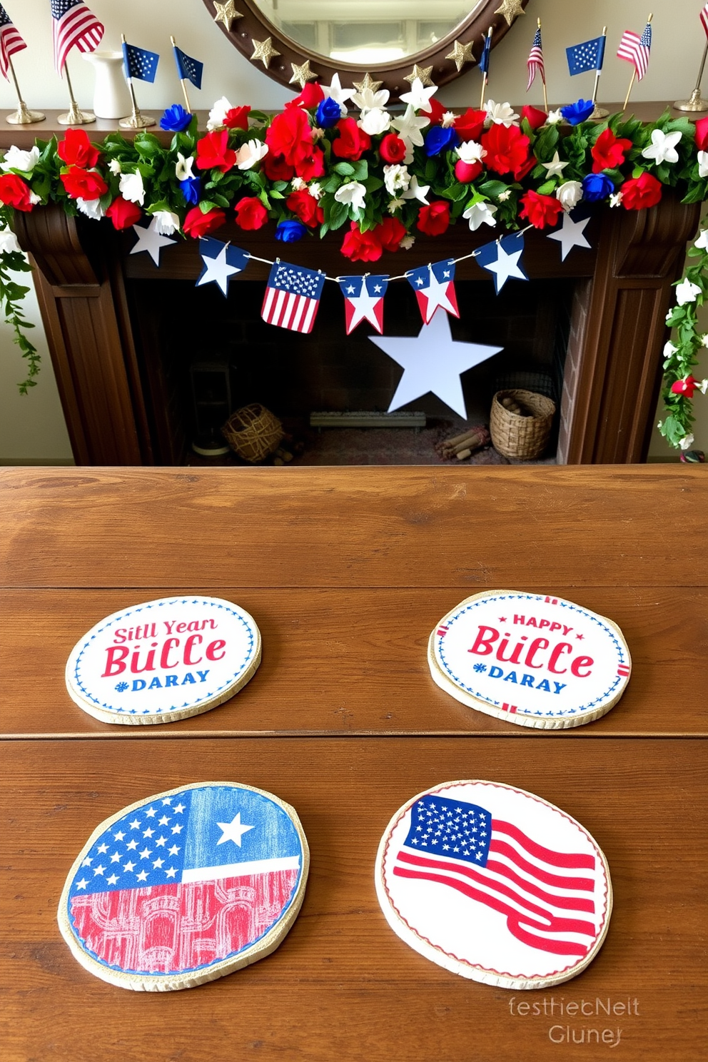 Patriotic themed coasters are beautifully arranged on a rustic wooden table. Each coaster features vibrant red white and blue designs celebrating Independence Day. The mantel is adorned with an array of festive decorations including miniature flags and stars. A garland of red white and blue flowers adds a cheerful touch to the overall display.