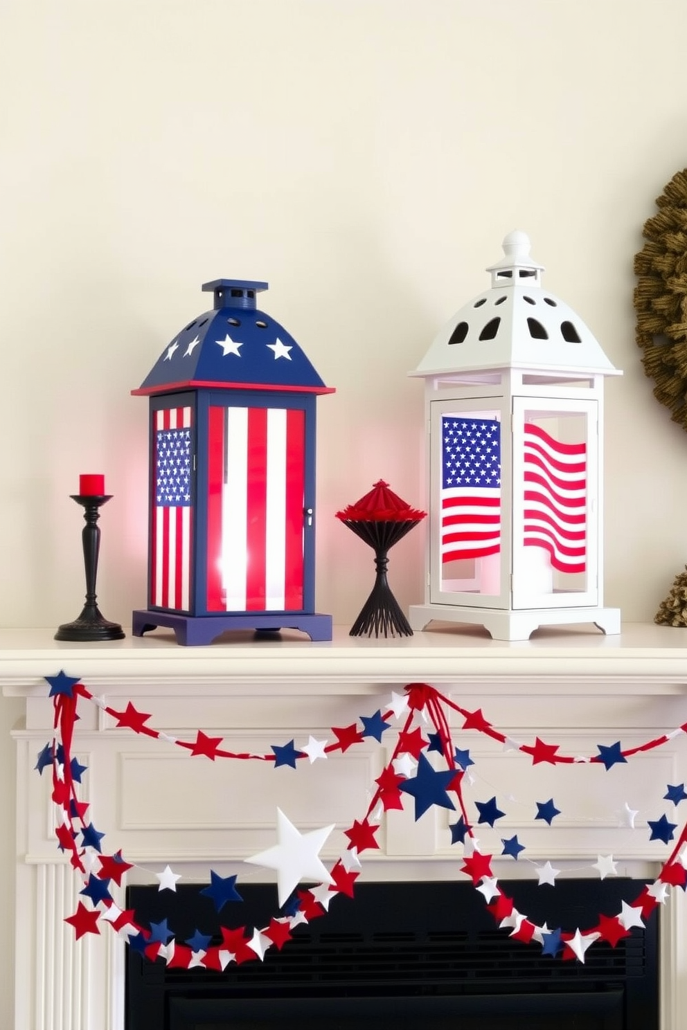 Stylized lanterns featuring vibrant flag motifs are arranged on the mantel, creating a festive atmosphere for Independence Day. The lanterns are complemented by red, white, and blue accents, including garlands of stars and stripes draping elegantly across the mantelpiece.