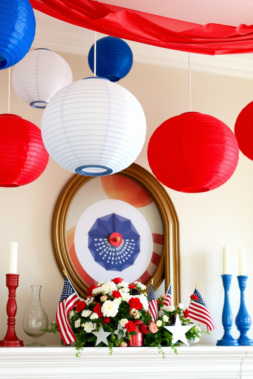 A festive mantel adorned with hanging paper lanterns in vibrant shades of red, white, and blue creates a cheerful atmosphere for Independence Day. The lanterns sway gently above a beautifully arranged display of patriotic decorations, including small flags and seasonal flowers.