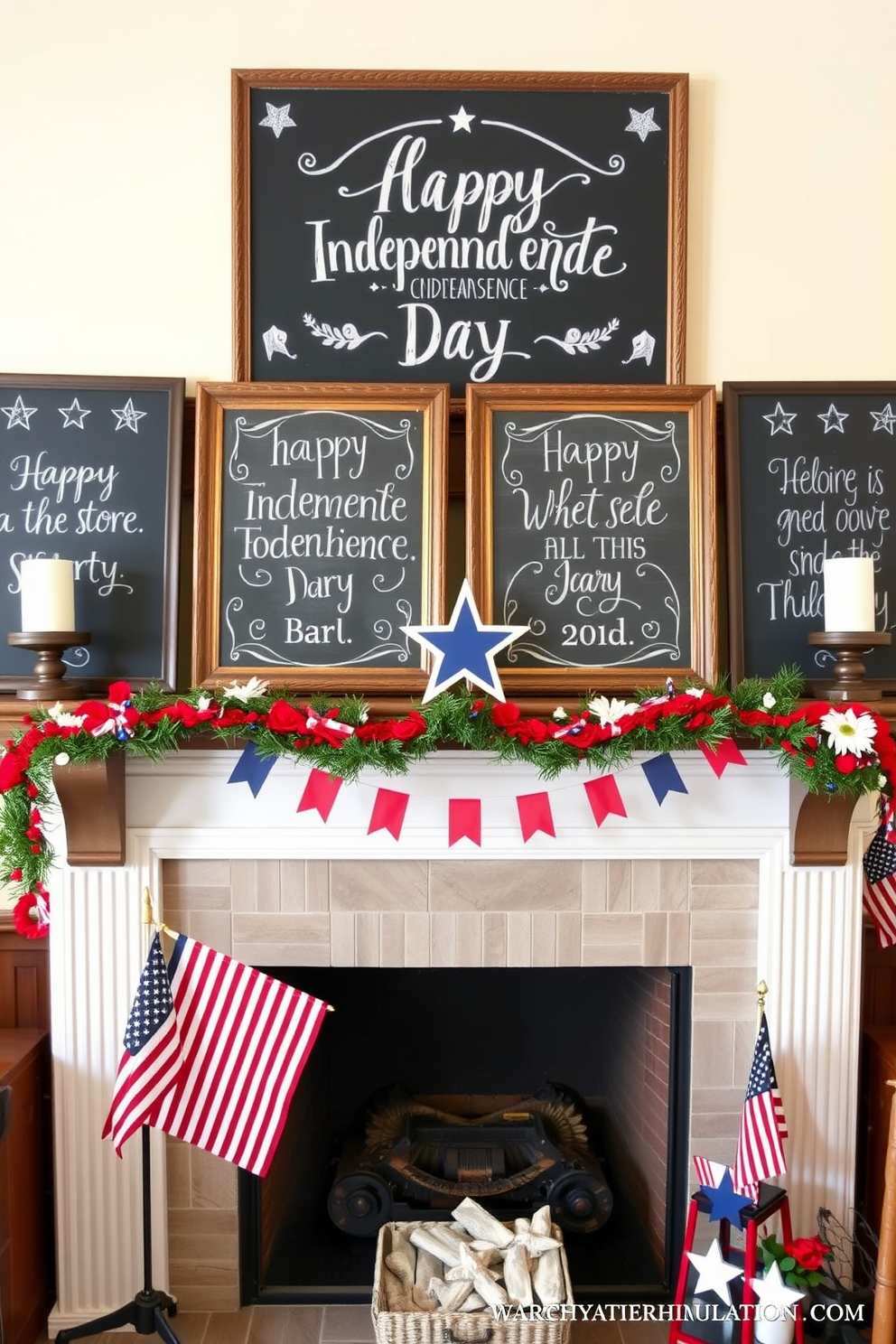 Chalkboard signs elegantly display festive messages celebrating Independence Day. The mantel is adorned with red white and blue decorations creating a patriotic atmosphere.