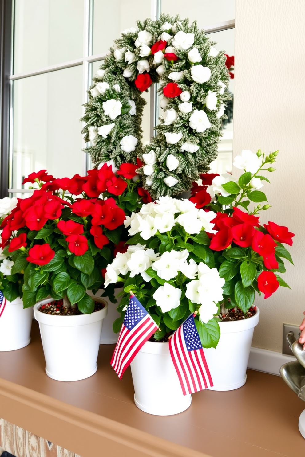 A vibrant mantel decorated for Independence Day features potted plants with red and white blooms arranged artfully. The plants are complemented by small American flags and festive decorations that enhance the patriotic theme.