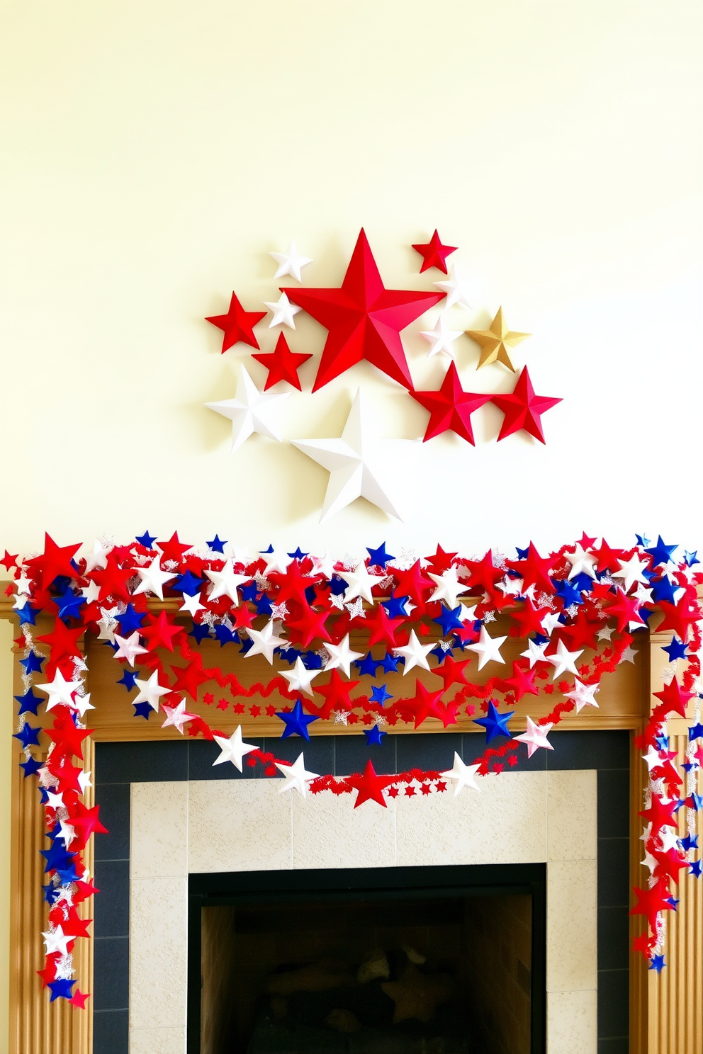 A festive mantel adorned with star shaped garlands in red white and blue. The garlands drape elegantly across the mantel creating a patriotic atmosphere for Independence Day celebrations.