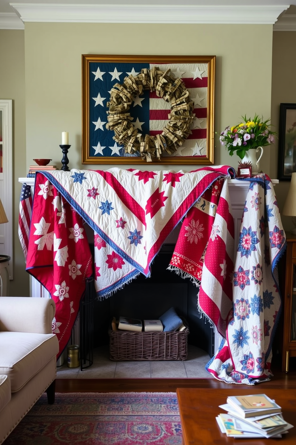 A charming living room setting featuring a mantel adorned with vintage quilts in red, white, and blue hues. The quilts are artfully draped, creating a cozy and festive atmosphere for Independence Day celebrations.