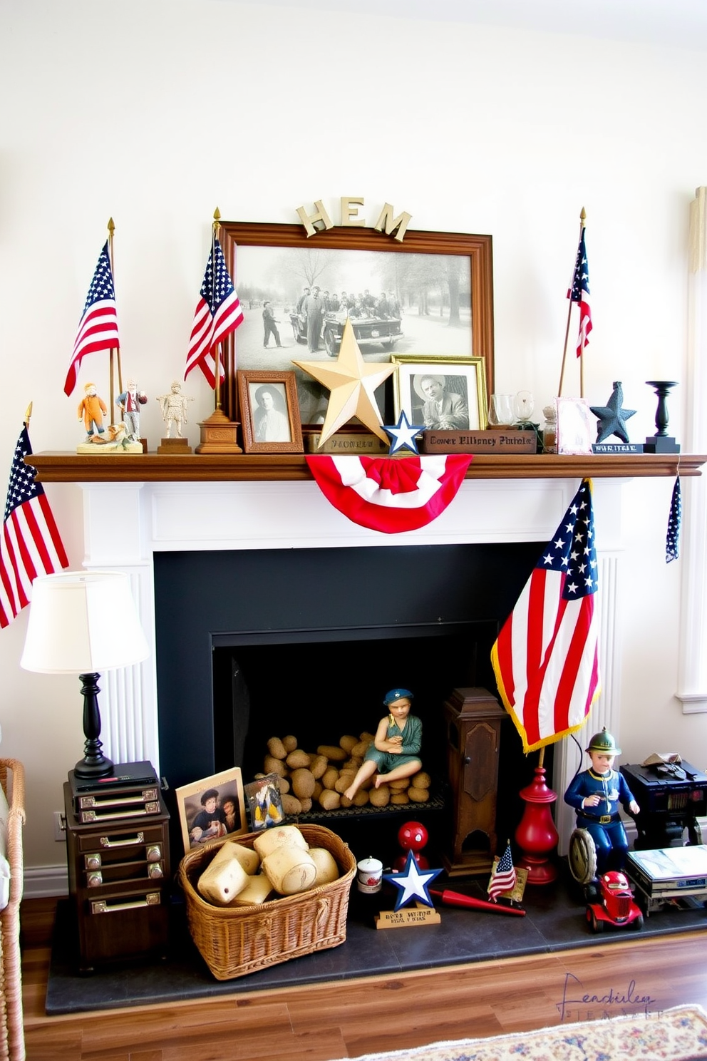 A charming mantel adorned with vintage Americana memorabilia celebrates Independence Day. Red white and blue decorations including flags and stars are interspersed with nostalgic items like old photographs and classic toys.