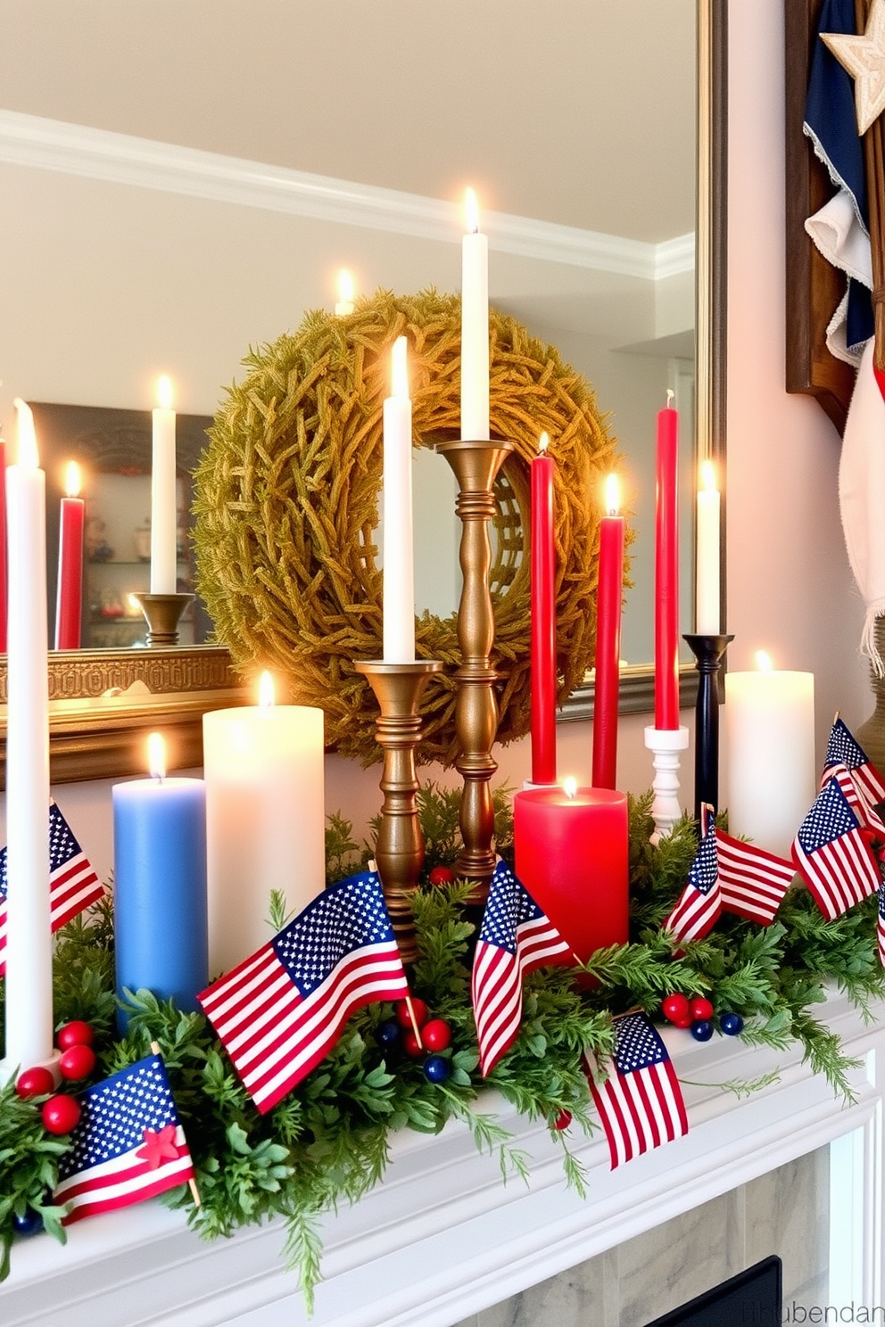 Patriotic themed candles in clusters create a festive atmosphere for Independence Day celebrations. The mantel is adorned with a mix of red white and blue candles of varying heights surrounded by small American flags and seasonal greenery.