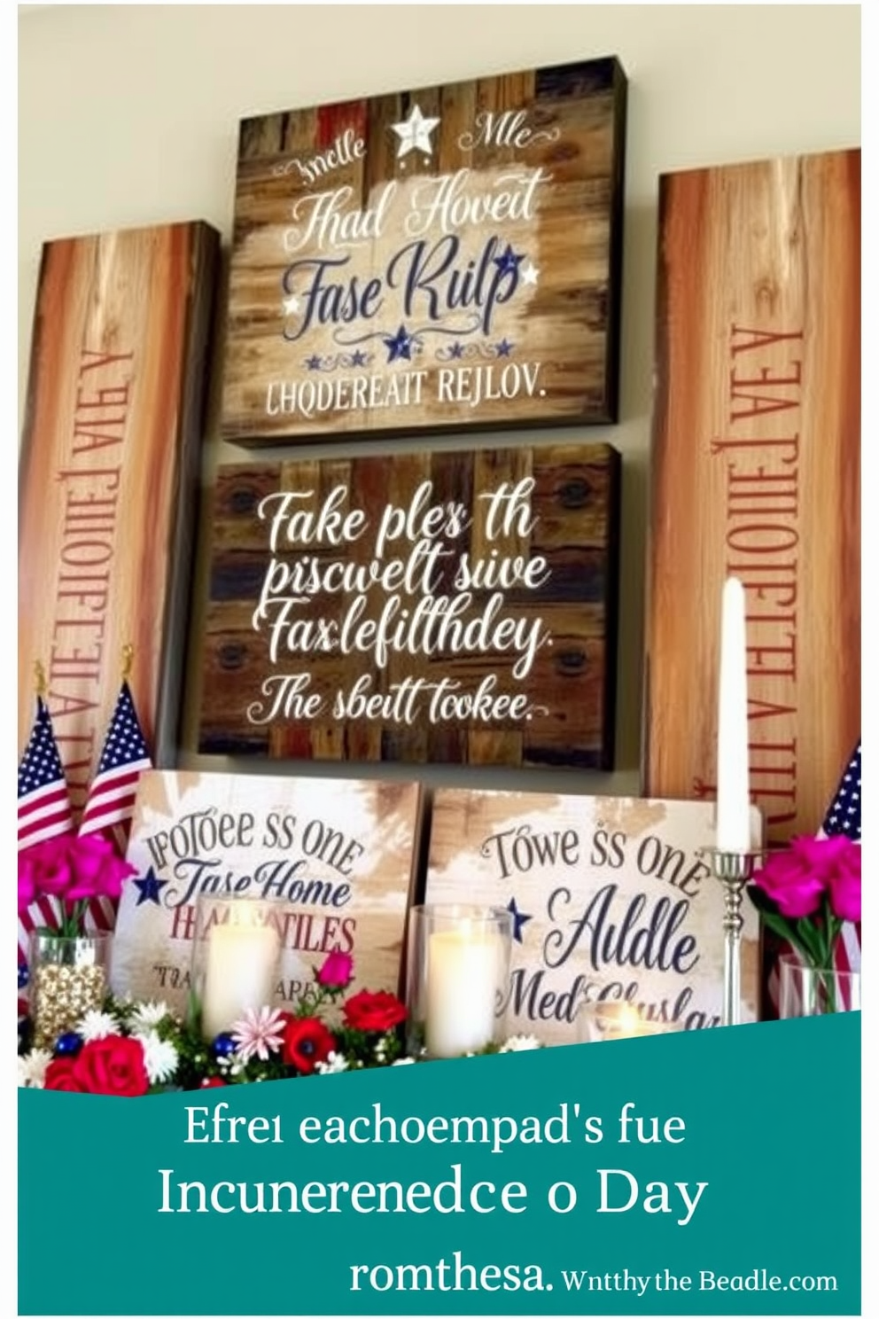 Rustic wood signs adorned with patriotic quotes create a warm and inviting atmosphere for your Independence Day mantel. The signs feature a mix of red, white, and blue hues, complemented by natural wood tones that enhance the rustic charm. Surround the signs with seasonal decor such as small American flags, star-shaped ornaments, and fresh flowers in vibrant colors. Add a cozy touch with candles in glass holders, casting a soft glow that highlights the festive spirit of the holiday.