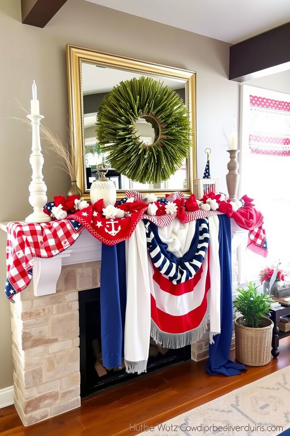 A festive mantel decorated for Independence Day featuring layered red white and blue fabrics. The arrangement includes a mix of patterned and solid textiles draped elegantly across the mantel, creating a vibrant and patriotic display.