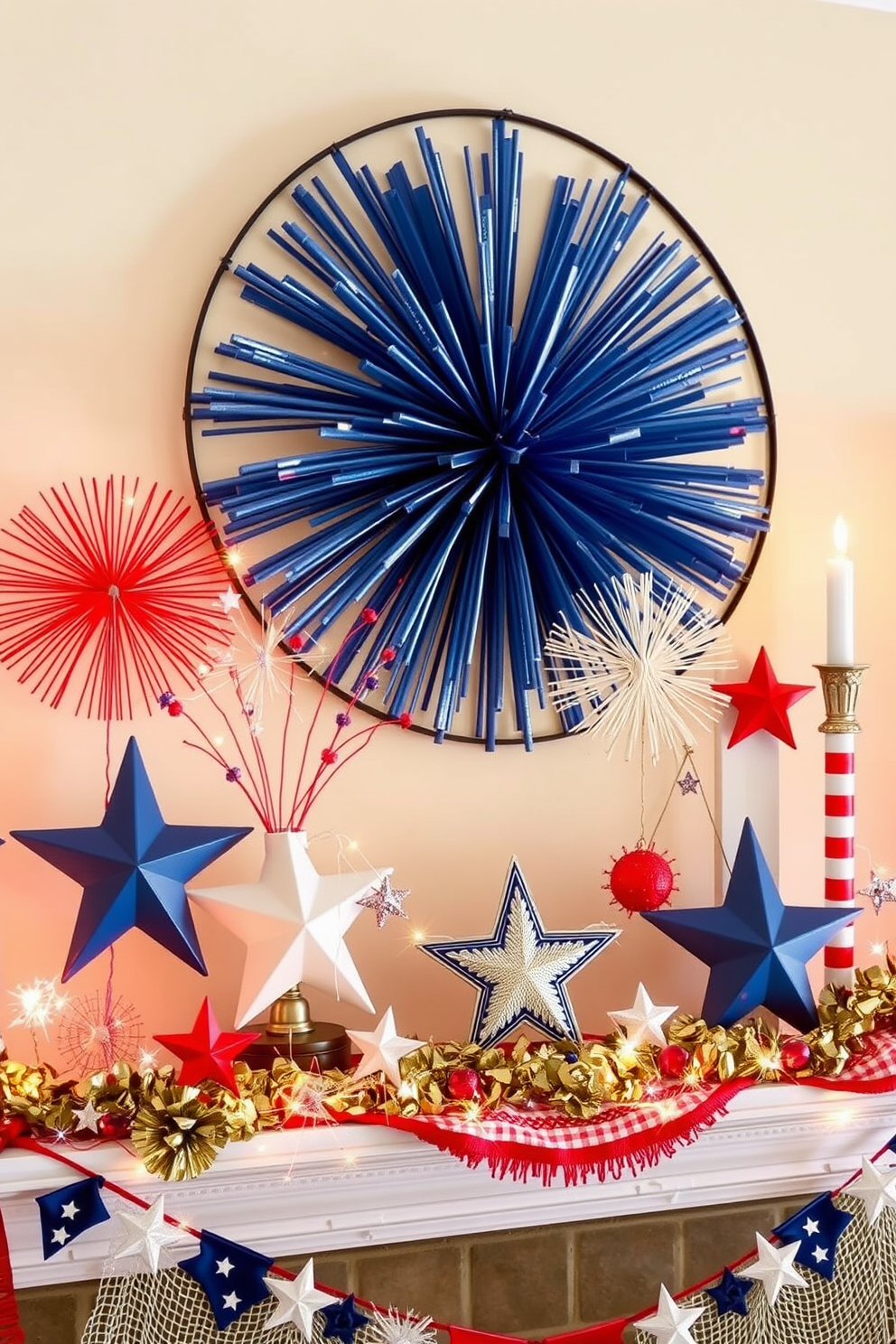 A festive mantel adorned with firework inspired decorative accents. Colorful stars and stripes intermingle with sparkling elements to celebrate Independence Day.