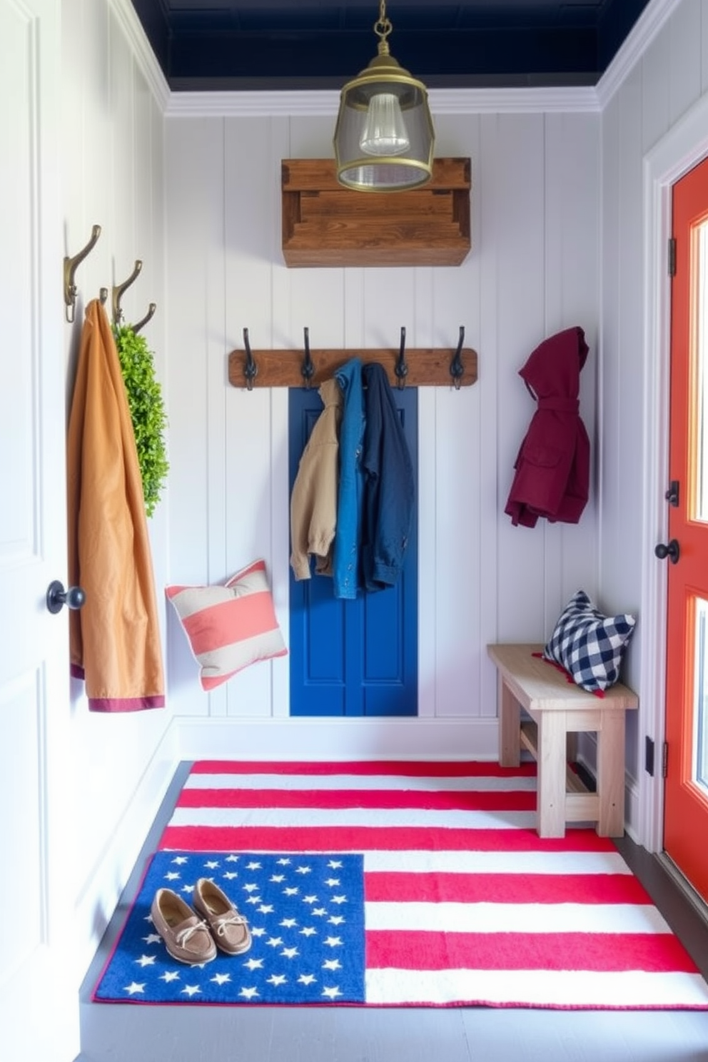 A cozy mudroom features a vibrant red and white striped rug that adds a festive touch for Independence Day. The walls are adorned with rustic wooden hooks for hanging jackets, and a small bench provides a comfortable spot to sit while putting on shoes.