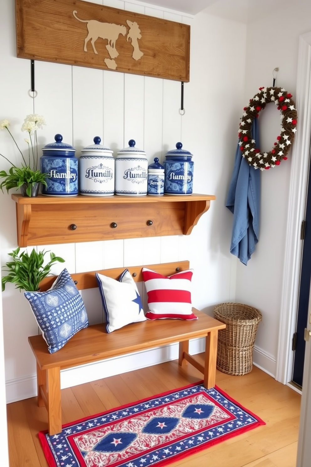 A charming mudroom adorned with blue and white ceramic storage jars that evoke a sense of patriotism. The jars are arranged on a rustic wooden shelf, complementing the warm tones of the wooden bench beneath them. The walls are painted in a crisp white, providing a clean backdrop for the vibrant colors of the decor. A red, white, and blue patterned runner adds a festive touch to the floor, enhancing the Independence Day theme.