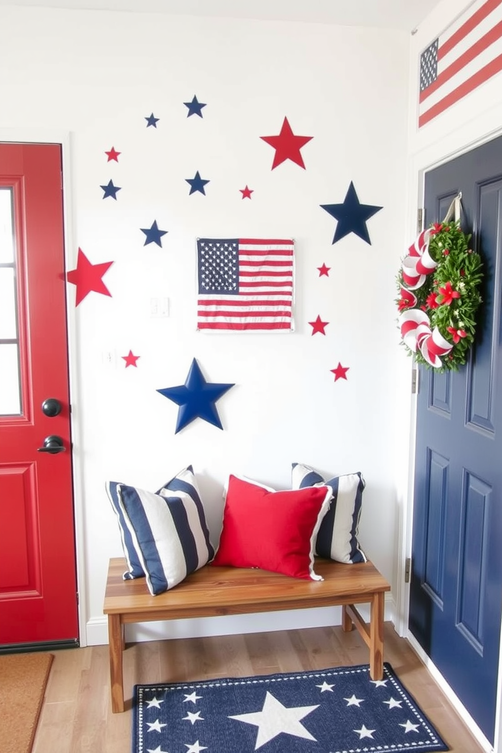 Independence Day themed wall decals featuring stars and stripes in red white and blue colors. The decals are placed strategically on a white wall to create a festive atmosphere for the holiday celebration. Independence Day mudroom decorating ideas include a rustic wooden bench adorned with red white and blue throw pillows. A patriotic wreath hangs on the door and a decorative rug with stars adds a welcoming touch to the space.