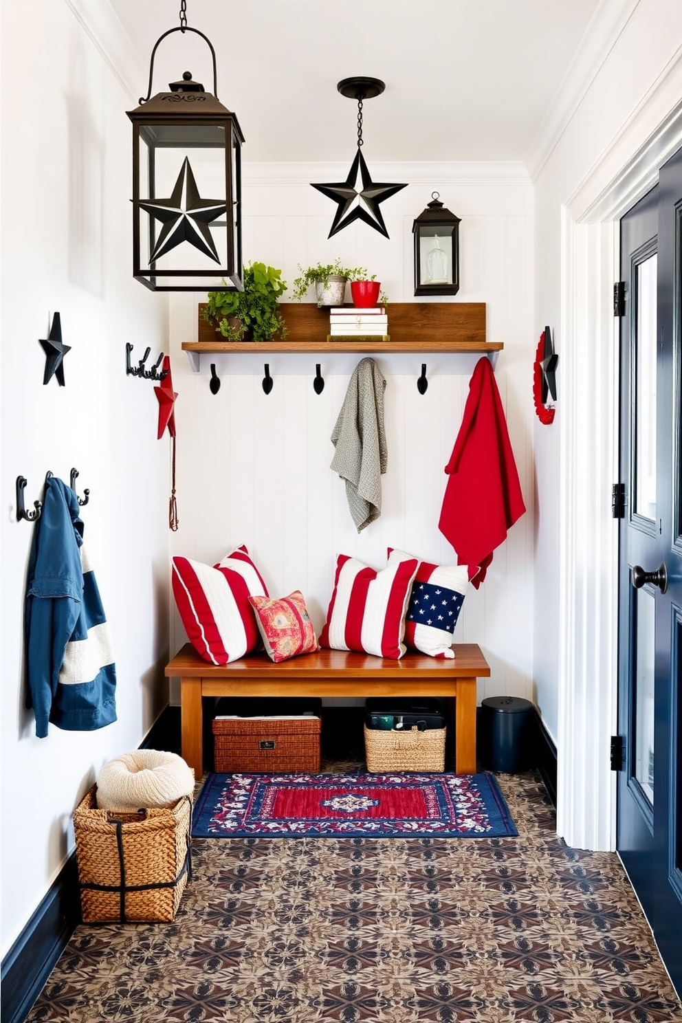 A cozy mudroom adorned with decorative lanterns featuring star motifs. The walls are painted in a crisp white, and the floor is covered with a durable, patterned tile that adds a touch of charm. Colorful red, white, and blue accents are scattered throughout the space, including a patriotic rug and throw pillows. A wooden bench provides seating, while hooks line the walls for hanging jackets and bags.