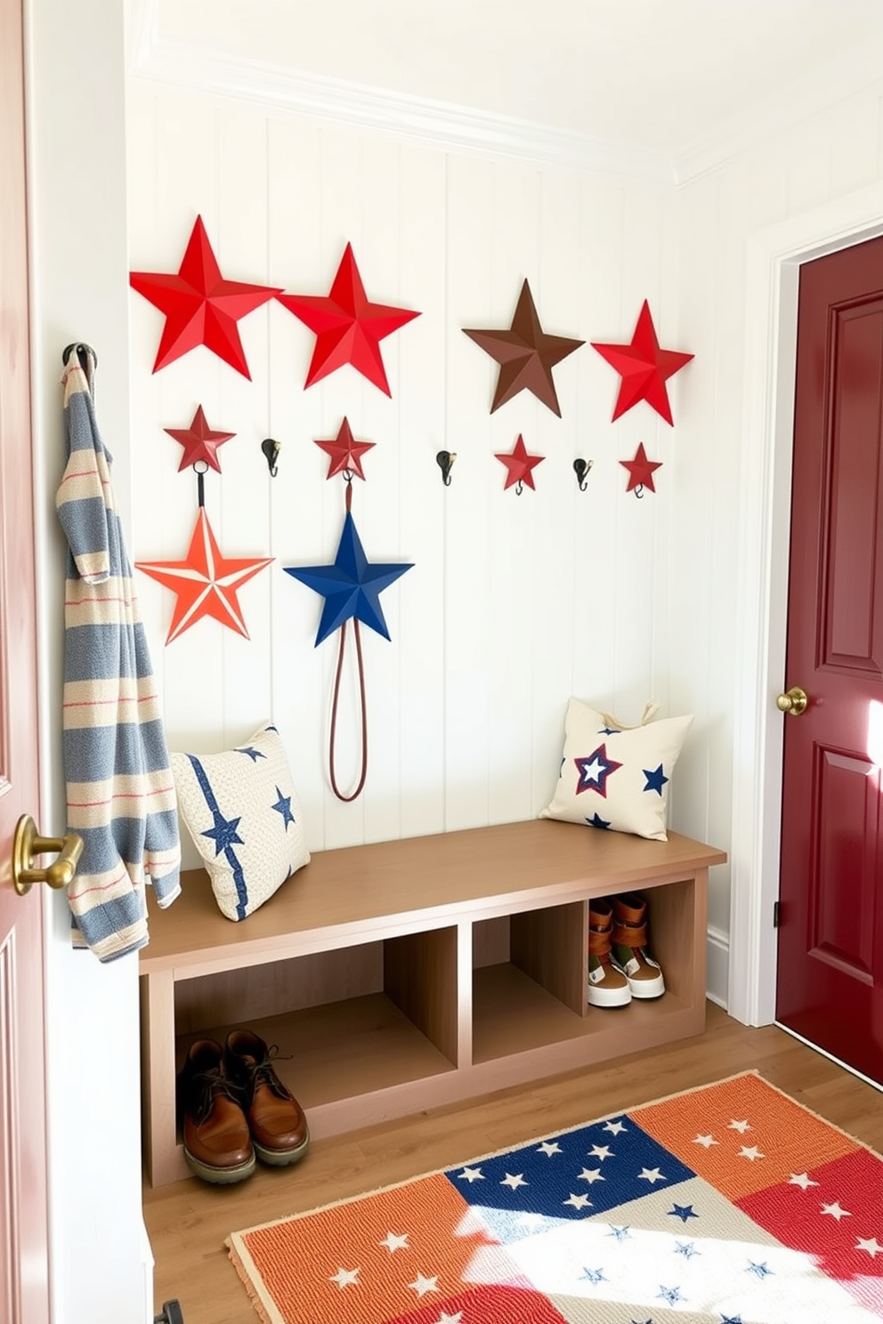 Coat hooks shaped like stars are creatively arranged along the wall of a bright and airy mudroom. The hooks are painted in red, white, and blue, celebrating Independence Day while adding a playful touch to the space. The mudroom features a bench with storage underneath, providing a practical area for putting on shoes. A patriotic-themed rug lies beneath, enhancing the festive atmosphere and welcoming guests into the home.