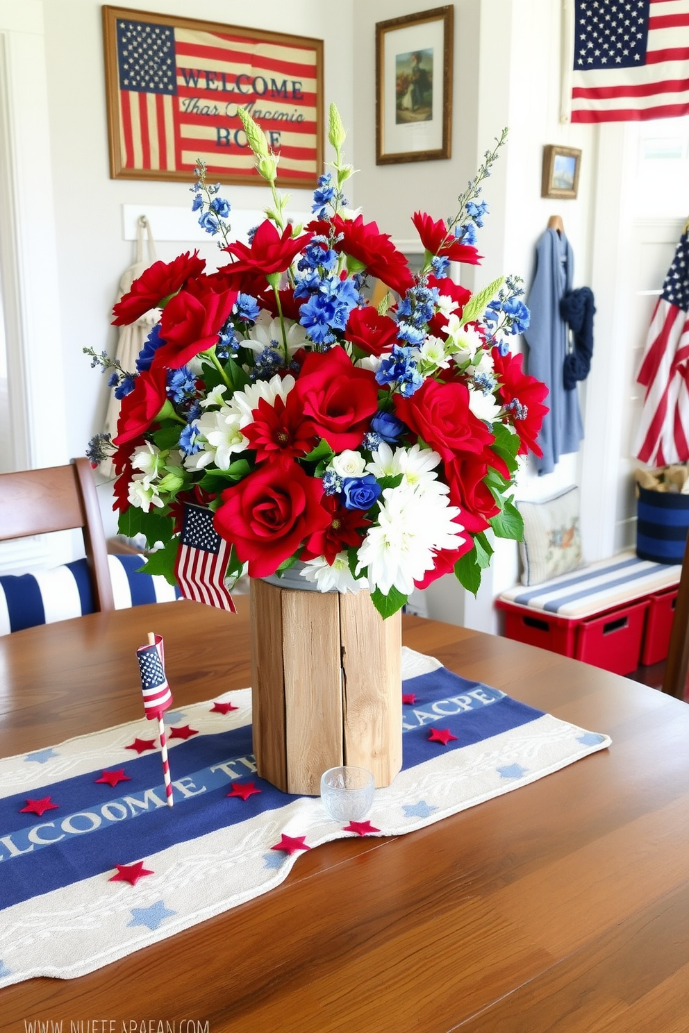 A vibrant table centerpiece featuring red white and blue flowers arranged in a rustic wooden vase. The setting includes small American flags and decorative stars scattered around the table for a festive touch. A cozy mudroom decorated with patriotic accents such as striped blue and white benches and red storage bins. The walls are adorned with framed vintage American flags and a welcome mat that showcases the colors of the flag.