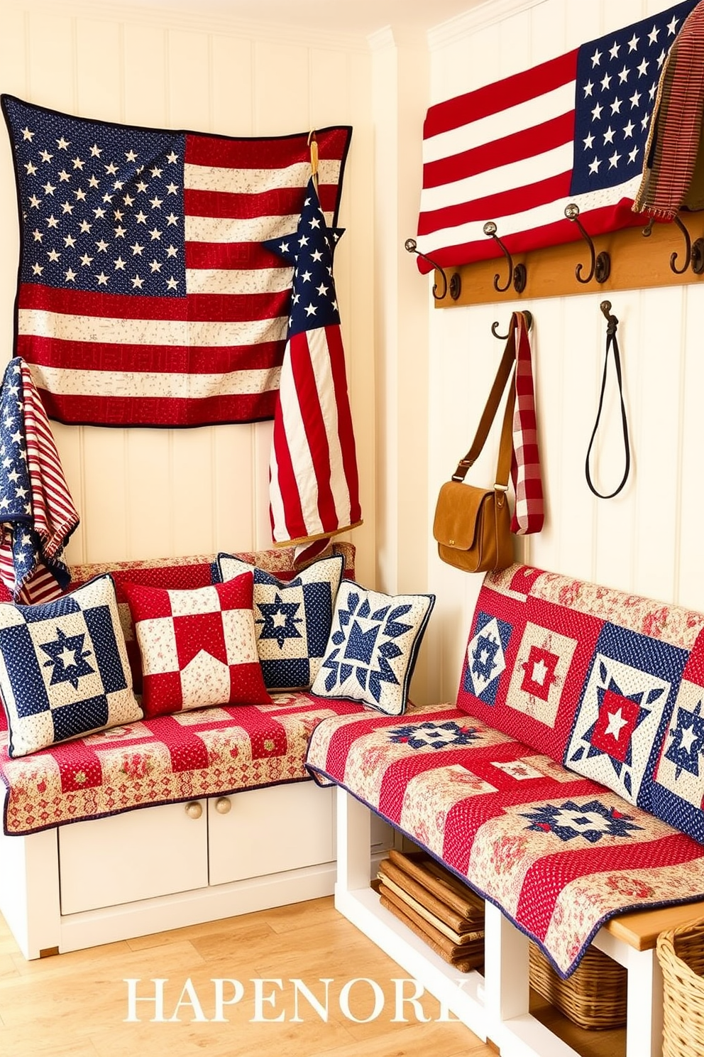 A cozy mudroom decorated for Independence Day features benches adorned with patriotic quilts in red, white, and blue. The walls are painted a soft cream, and vintage American flags are displayed alongside rustic hooks for hanging jackets and bags.