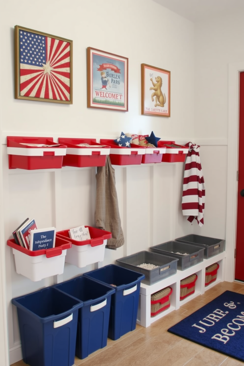 A vibrant mudroom decorated for Independence Day features red white and blue storage bins arranged neatly along the wall. The bins are filled with seasonal items and are complemented by patriotic-themed wall art and a cheerful welcome mat.