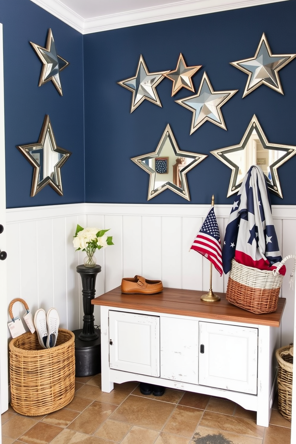 A cozy mudroom adorned with star shaped mirrors reflecting the spirit of Independence Day. The walls are painted in a patriotic red, white, and blue theme, complemented by a rustic bench with storage underneath. Decorative elements include a mix of vintage and modern accessories, such as a small American flag and a woven basket for shoes. The floor features durable tiles that can withstand the wear of everyday use while adding a touch of style.