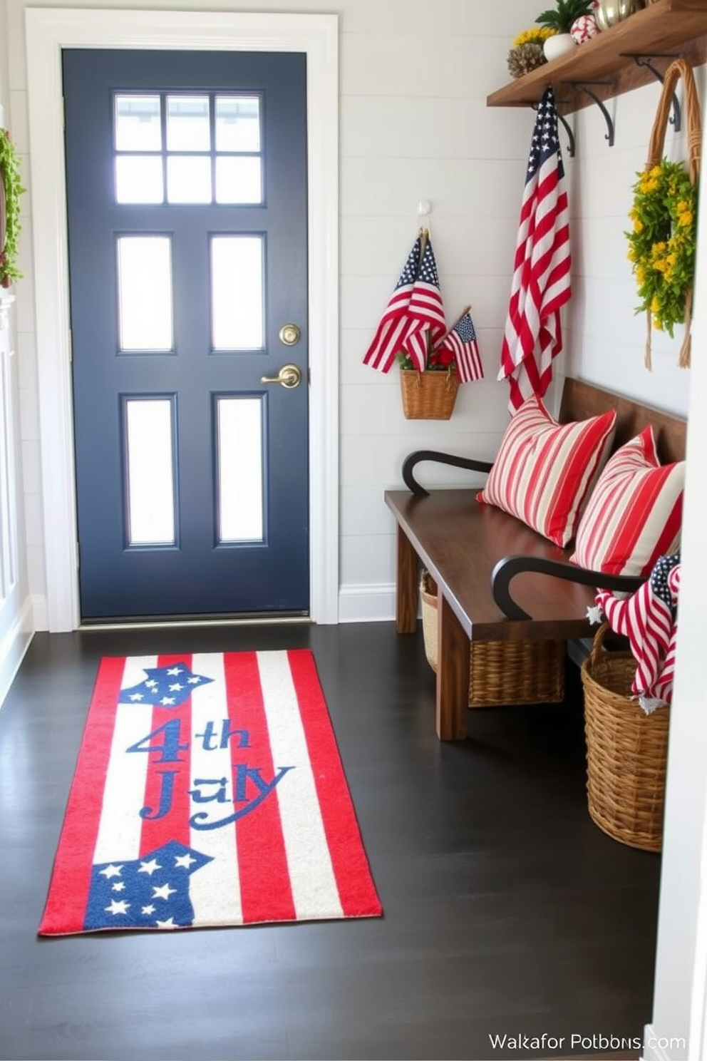 A festive Fourth of July themed welcome mat greets guests at the entrance. The mat features vibrant red, white, and blue colors with stars and stripes, setting a patriotic tone for the mudroom. In the mudroom, decorative elements include a rustic wooden bench adorned with red and white striped cushions. Baskets filled with American flags and seasonal decor add a charming touch to the space.