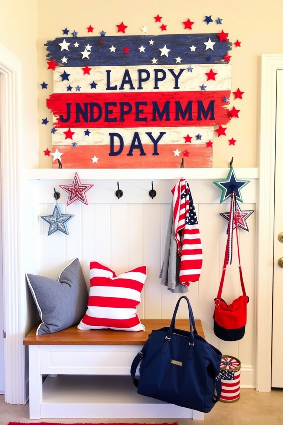 A vibrant mudroom featuring a wall art display that celebrates Independence Day with stars and stripes. The space includes a bench with red and white striped cushions, and hooks adorned with patriotic decorations for hanging coats and bags.