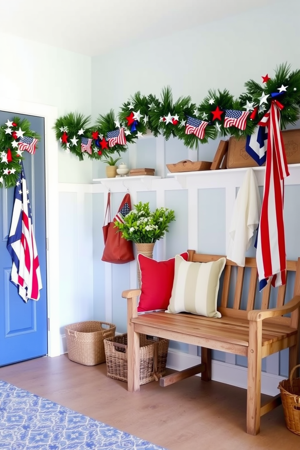 A festive mudroom adorned with a decorative garland featuring stars and stripes to celebrate Independence Day. The walls are painted in a soft blue hue, and a rustic bench with red and white cushions sits against one side, creating a welcoming atmosphere.