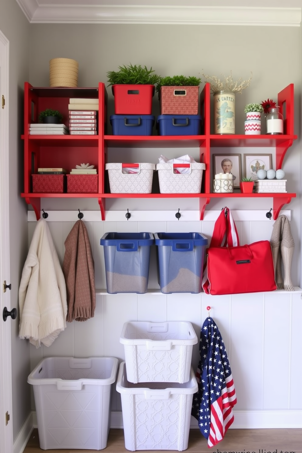 A cozy mudroom featuring wall-mounted shelves adorned with vibrant red accents. The shelves are filled with neatly organized storage bins and decorative items that celebrate Independence Day.