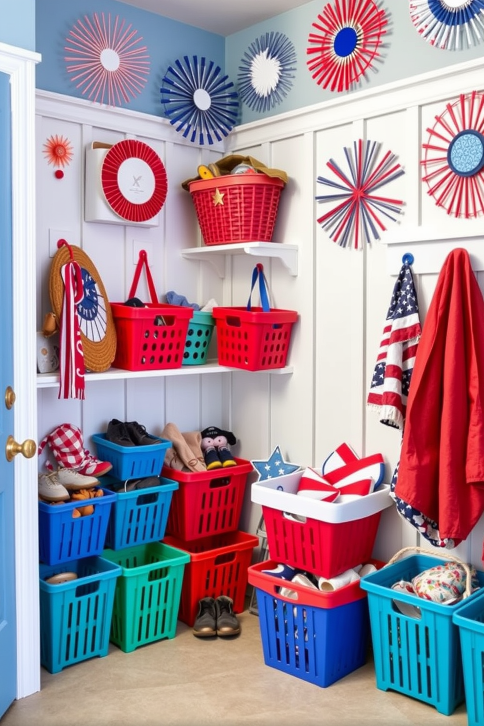 A vibrant mudroom filled with colorful baskets for storing shoes and gear. The walls are adorned with festive Independence Day decorations, featuring red, white, and blue accents throughout the space.