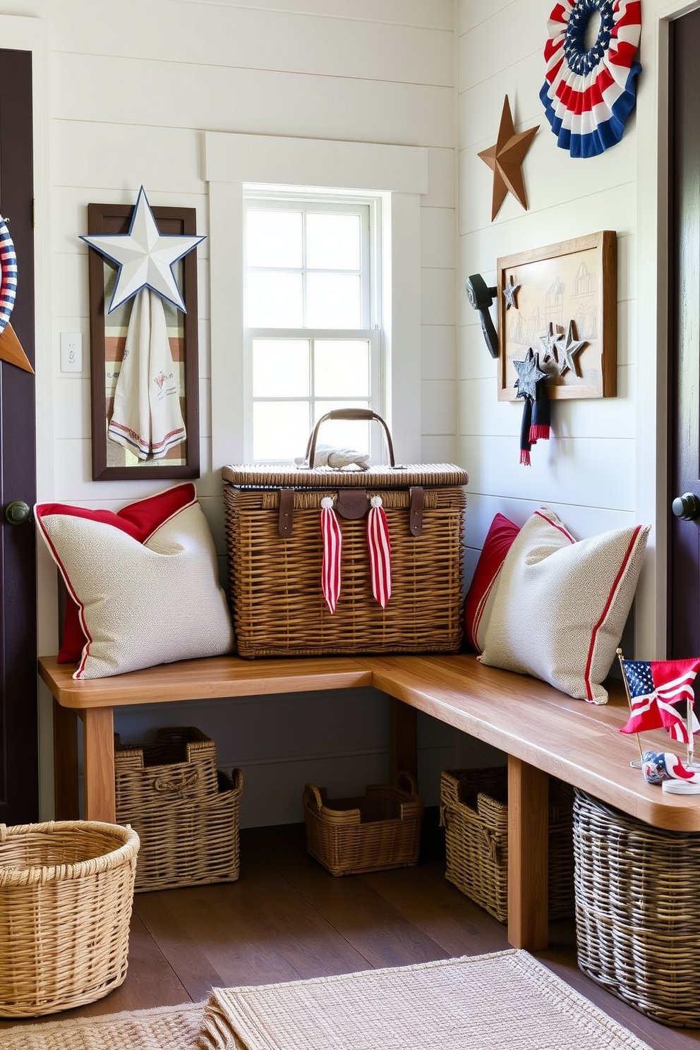 A vintage picnic basket sits prominently in the corner of a charming mudroom, serving as a unique storage solution. Surrounding the basket, red white and blue accents celebrate Independence Day, with decorative stars and stripes adding a festive touch. The mudroom features a rustic wooden bench adorned with cozy cushions, inviting guests to sit and remove shoes. Woven baskets and patriotic-themed decor complete the look, creating a warm and welcoming atmosphere.