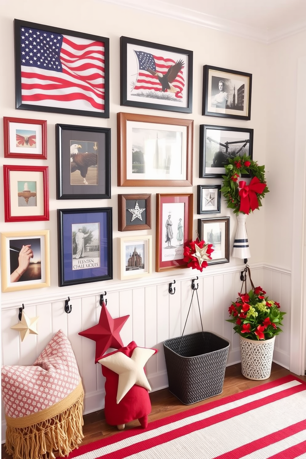 A patriotic themed artwork gallery wall features a collection of framed prints showcasing American flags, eagles, and historical landmarks. The gallery is arranged in a symmetrical layout, with varying frame sizes and colors that complement the overall decor of the room. For Independence Day mudroom decorating ideas, consider using red, white, and blue accents throughout the space. Incorporate decorative elements such as star-shaped hooks, a striped rug, and seasonal wreaths to create a festive atmosphere.