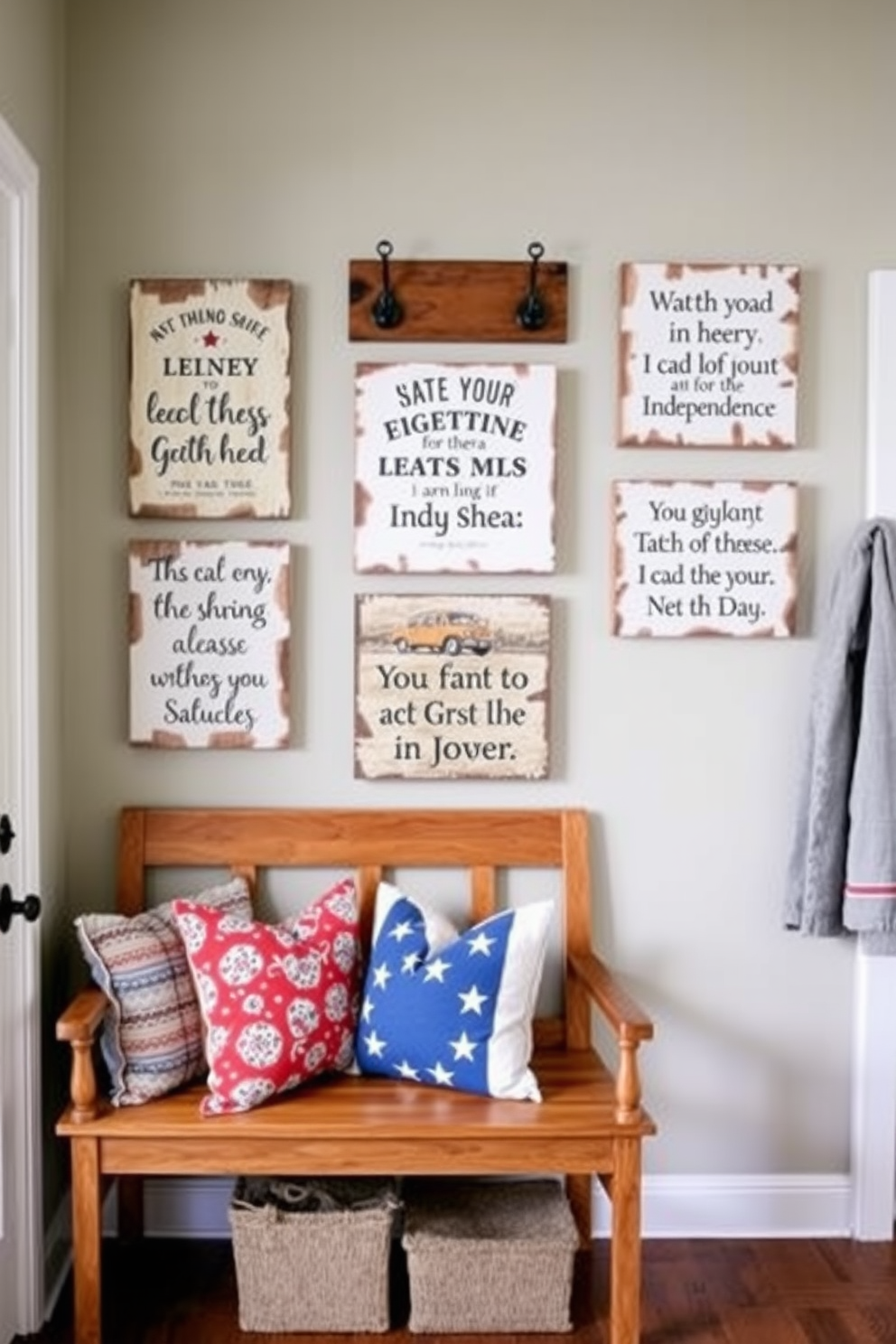 Rustic wood signs are creatively arranged on the walls of a cozy mudroom, each displaying inspirational quotes that celebrate Independence Day. The space features a warm wooden bench with colorful throw pillows, and vintage hooks hang above for storing hats and jackets.