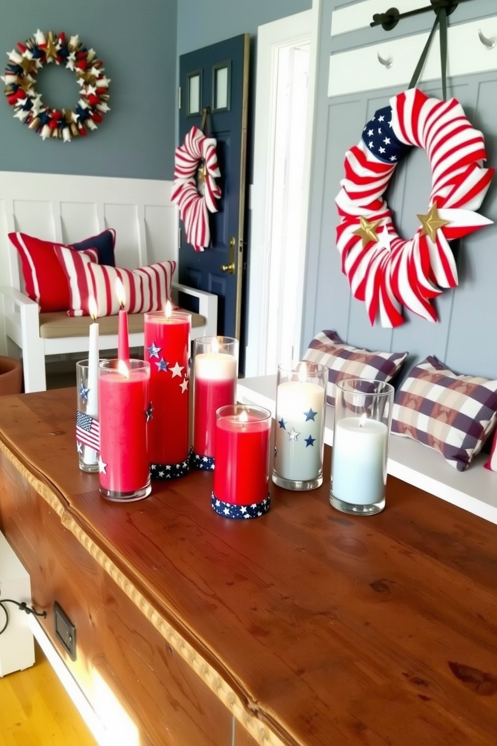 A collection of Independence Day themed candles arranged on a rustic wooden table. The candles feature red white and blue colors and are adorned with stars and stripes creating a festive ambiance. A welcoming mudroom decorated for Independence Day with a patriotic color scheme. The space includes a bench with red white and blue cushions and a decorative wreath made of stars and stripes hanging on the door.