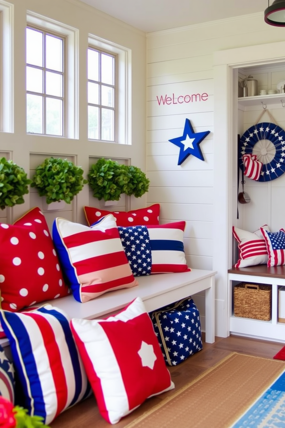 A vibrant seating area adorned with colorful cushions in red white and blue hues. The cushions feature various patterns including stripes stars and polka dots adding a festive touch to the space. A welcoming mudroom decorated with Independence Day themes. The space includes a bench with patriotic cushions and a wall adorned with stars and stripes artwork.