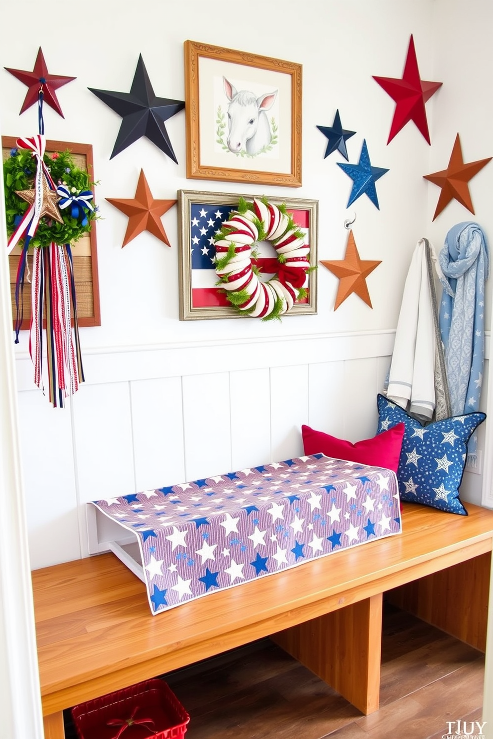 A vibrant mudroom decorated for Independence Day features a star patterned table runner laid across a wooden bench. The walls are adorned with red white and blue accents including patriotic artwork and decorative stars.