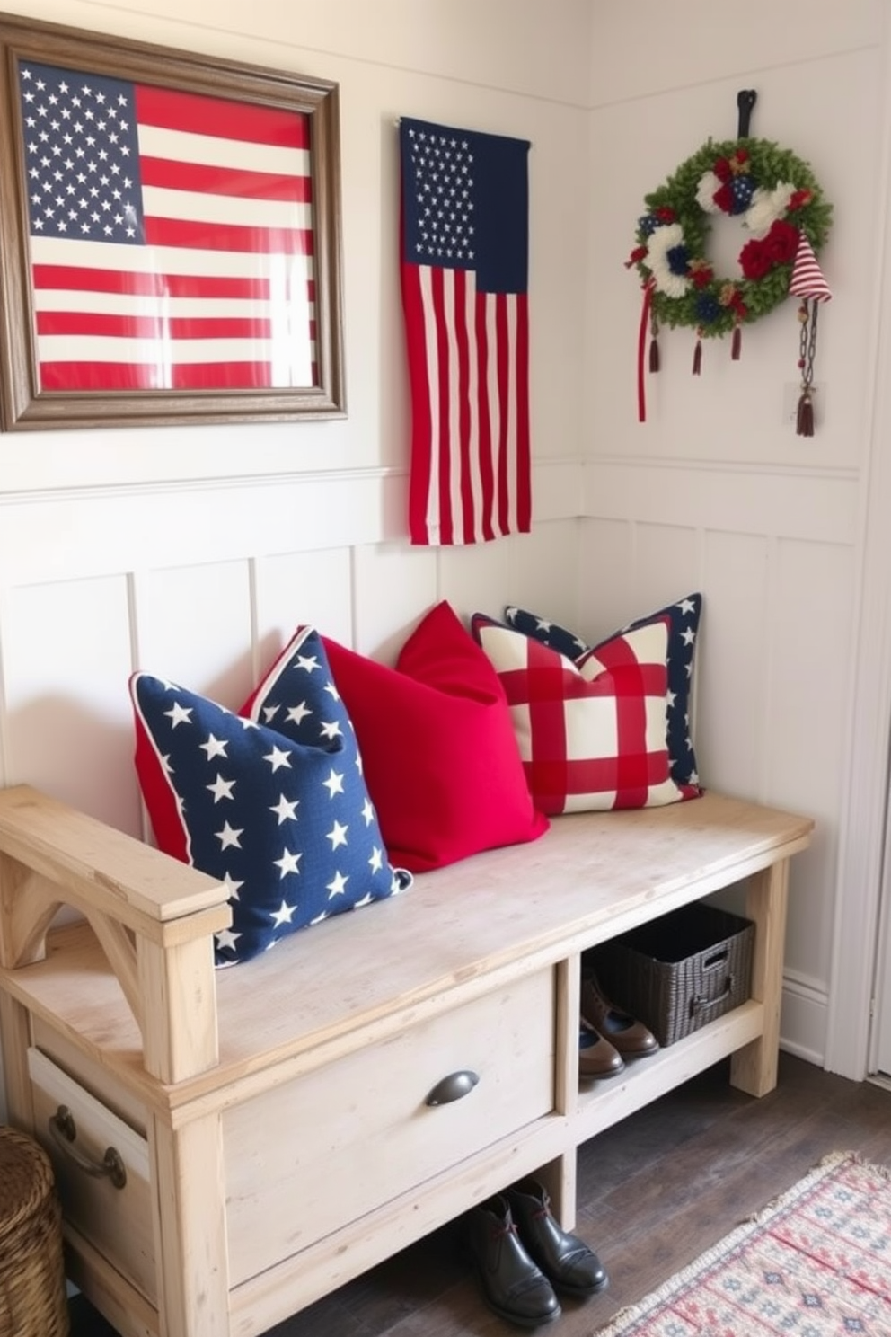 Patriotic themed throw pillows in a cozy mudroom create a welcoming atmosphere for Independence Day celebrations. The pillows feature red, white, and blue patterns, adding a festive touch to the space. Incorporate a rustic bench with storage underneath to hold shoes and outdoor gear. The walls are adorned with framed American flags and seasonal decorations to enhance the patriotic theme.