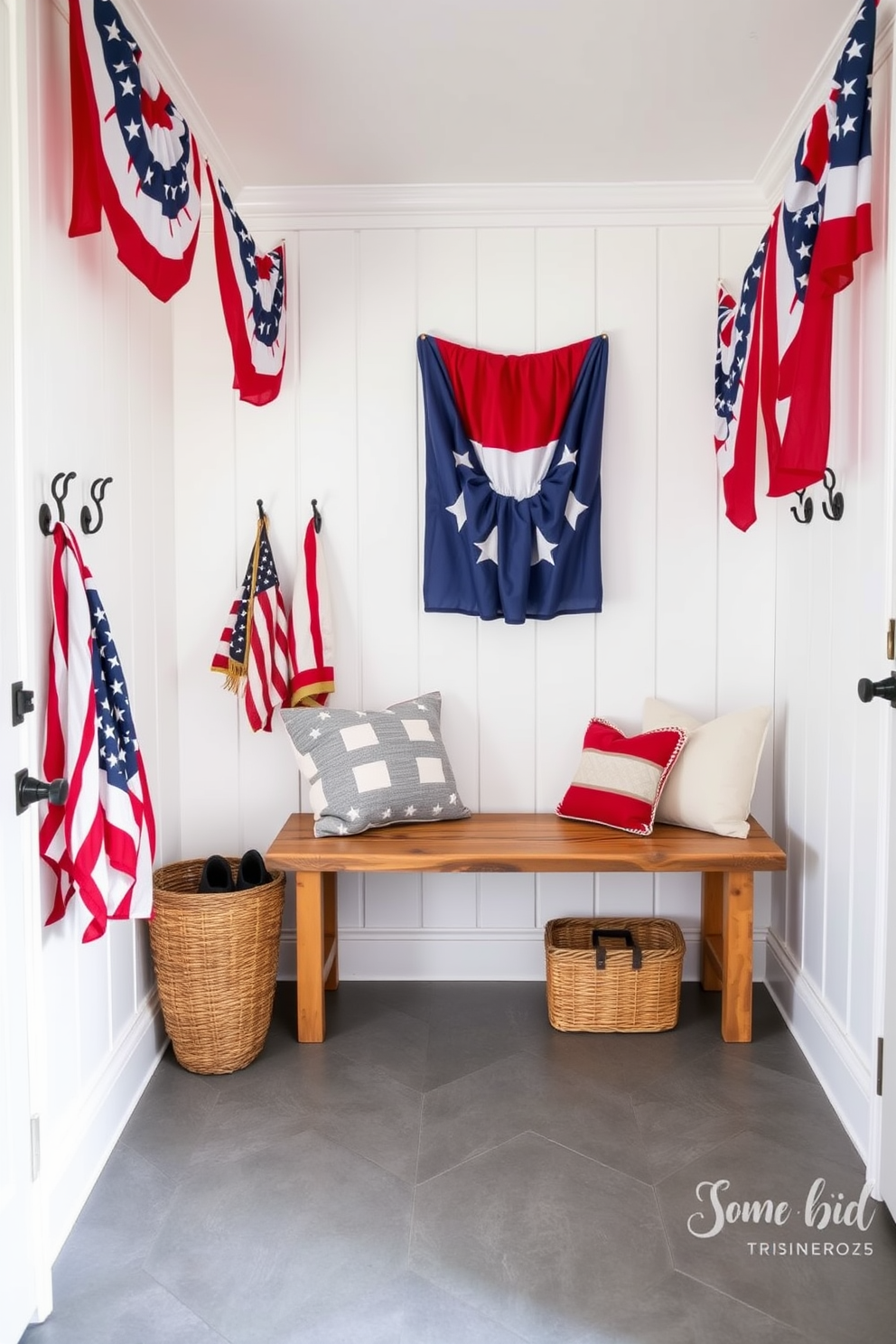 A cheerful mudroom adorned with festive banners celebrating Independence Day. The walls are painted in a crisp white, and the floor features a durable gray tile, perfect for high traffic. Hooks line the walls, displaying vibrant red, white, and blue banners fluttering with a sense of patriotism. A rustic wooden bench provides seating, while a woven basket holds outdoor shoes and gear.