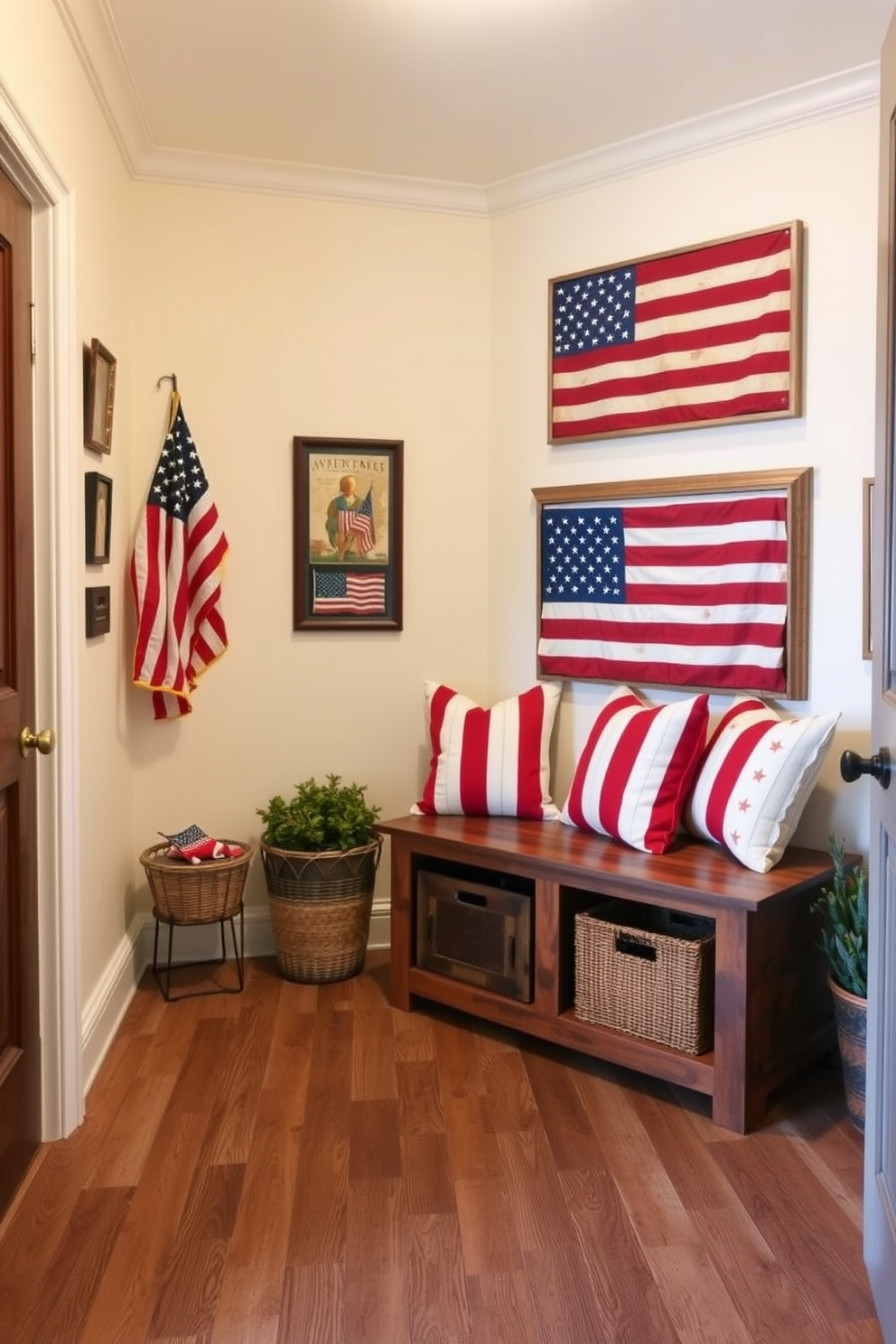 A cozy mudroom adorned with vintage American flag decor pieces. The walls are painted in a soft cream color, and the floor is covered with rustic wooden planks, creating a warm and inviting atmosphere. A large wooden bench with storage underneath is placed against one wall, decorated with red, white, and blue throw pillows. To the side, a collection of framed vintage American flags and patriotic artwork hangs, adding a festive touch for Independence Day.