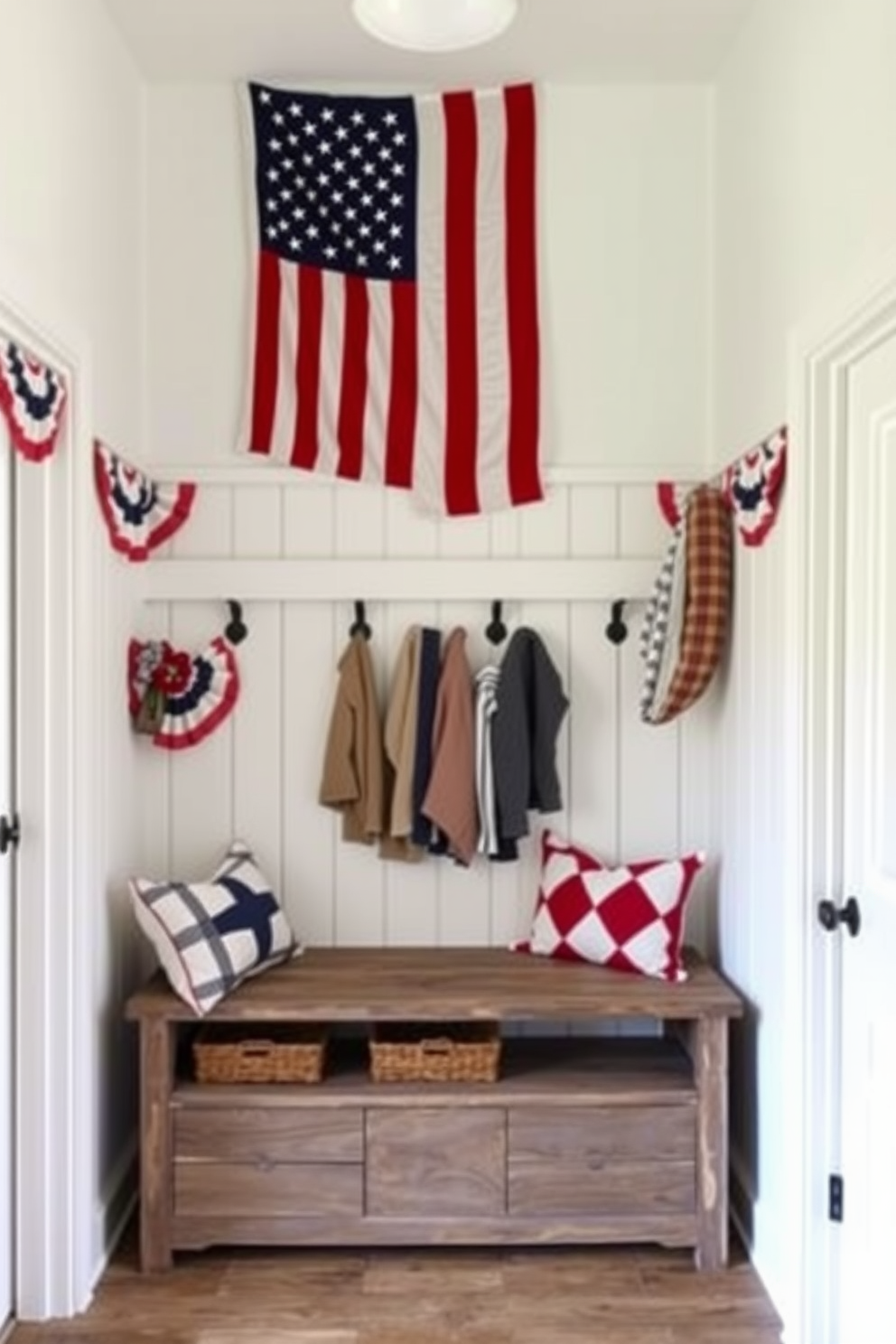 A cheerful mudroom adorned with festive bunting along the walls in red white and blue colors. The space features a rustic bench with storage underneath and a large American flag displayed prominently above.